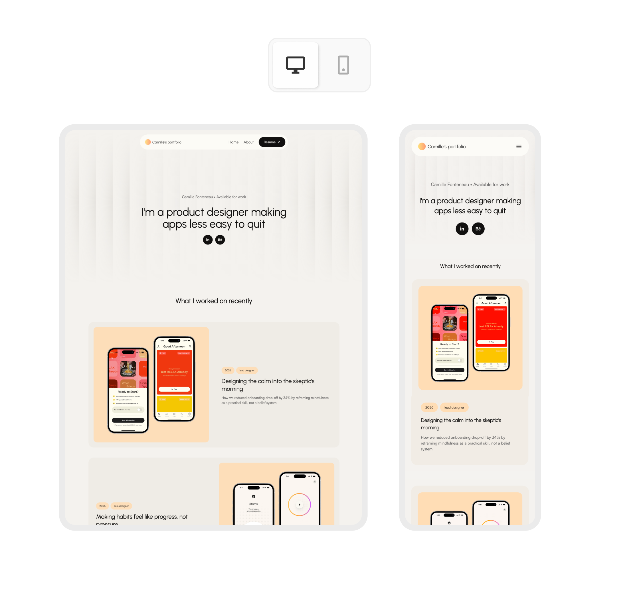 Responsive UX design portfolio preview shown on desktop and mobile