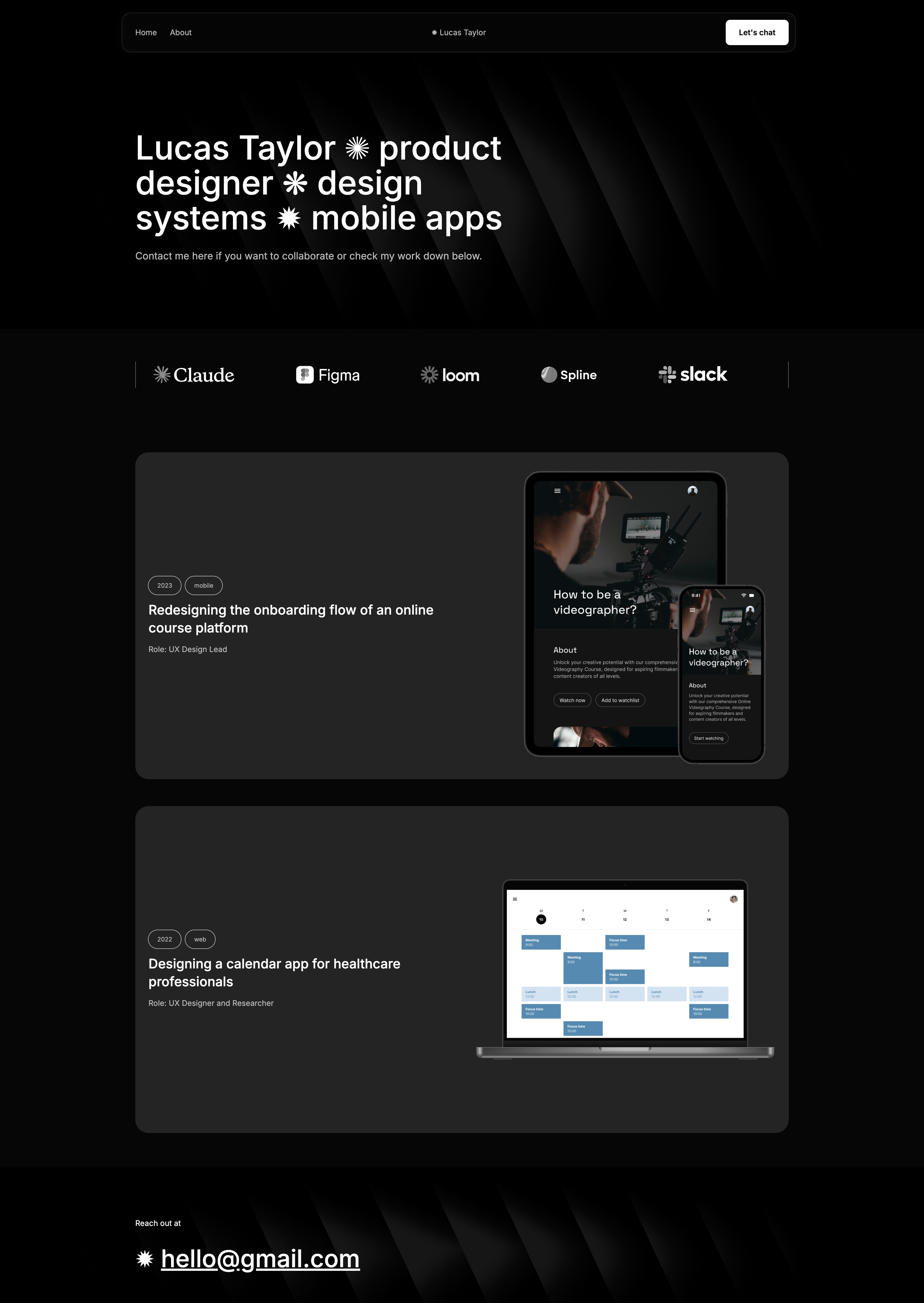 Dark mode UX portfolio preview with case study cards