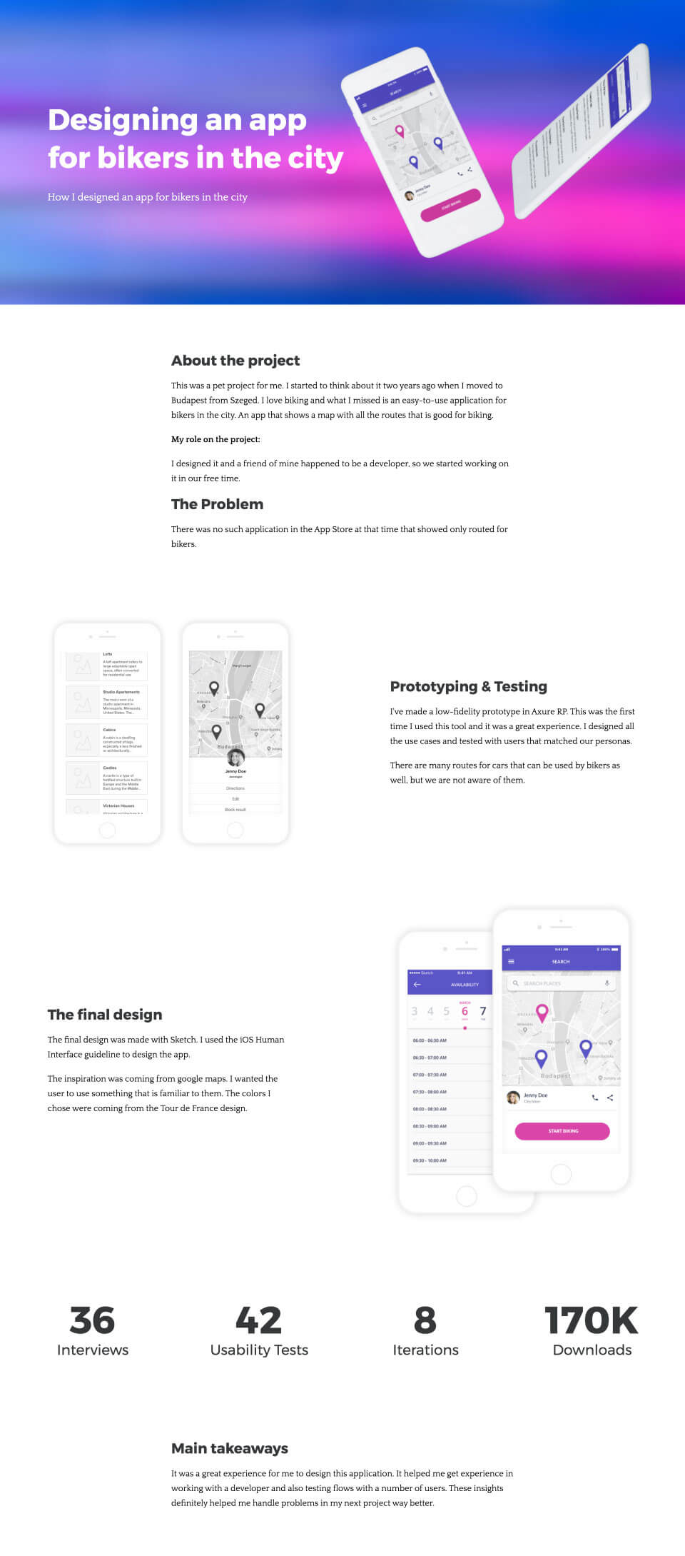 A UX portfolio describing the design process and the design decisions of the designer. The portfolio starts with the explanation of the challenge and the context. It describes how the designer solved the problems and shows the results achieved.